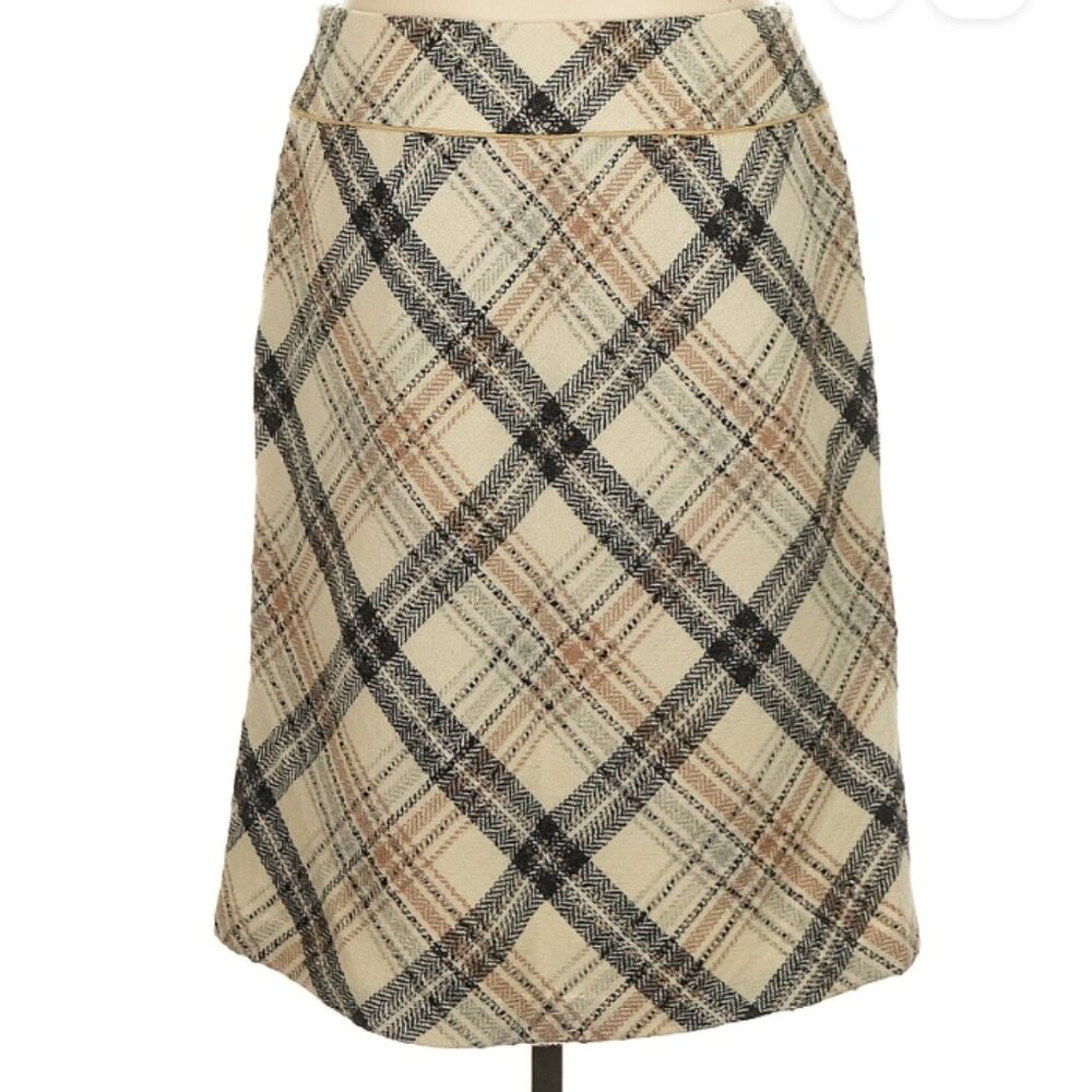 Ann Taylor Loft, women's, argyle white/brown/black plaid, wool blend skirt, 8